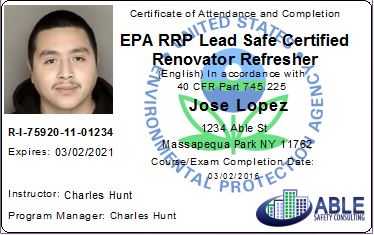 EPA RRP LEAD REFRESHER OFFICIAL ID CARD